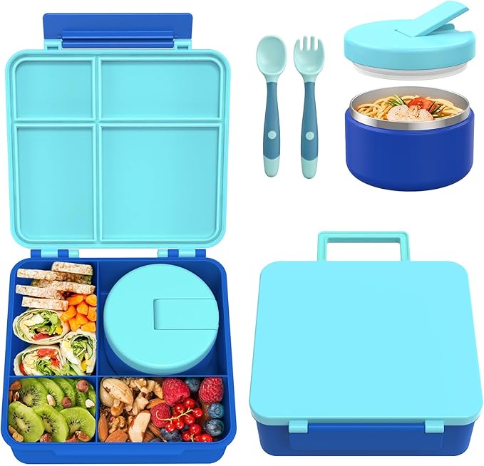 Pawtong Bento Lunch Box with 8oz Soup Thermo, Kids Leakproof Lunch Food Containers with 4 Compartment, Kids Thermo Insulated Hot Food Jar for School, Trvael（Blue
