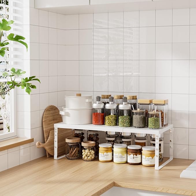 Expandable Adjustable Stackable Multi-Purpose Spice Racks,Metal Storage Rack, Practical Kitchen Pantry Shelves, Countertop for Kitchen, Bathroom, Storage Room & Other Places(1Pack/White,Medium)