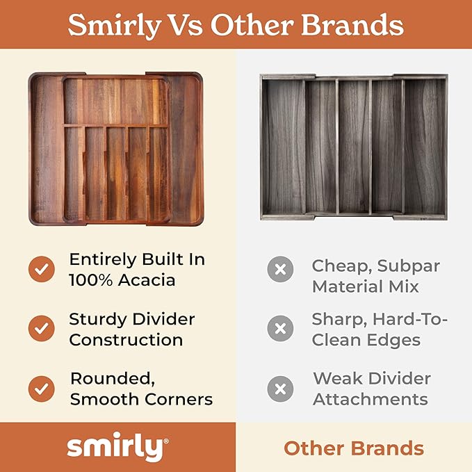 SMIRLY Silverware Drawer Organizer – Acacia Kitchen Drawer Organizer, Adjustable Utensil Holder and Cutlery Tray, Drawer Dividers for Flatware and Kitchen Utensils