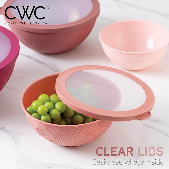 COOK WITH COLOR Mixing Bowls with Lids - 12 Piece Plastic Nesting Bowls Set includes 6 Prep Bowls and 6 Lids, Microwave Safe Mixing Bowl Set, Rose Rhombus