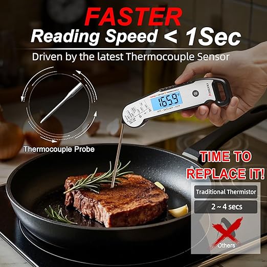 Atogou Meat Thermometer, Professional Food Thermometer, <1 Sec Instant Read, ±0.5℉ Accuracy, Thermocouple Sensor, Waterproof Digital Thermometer for Cooking, BBQ, Grill, Him Dad Birthday Gifts, Silver