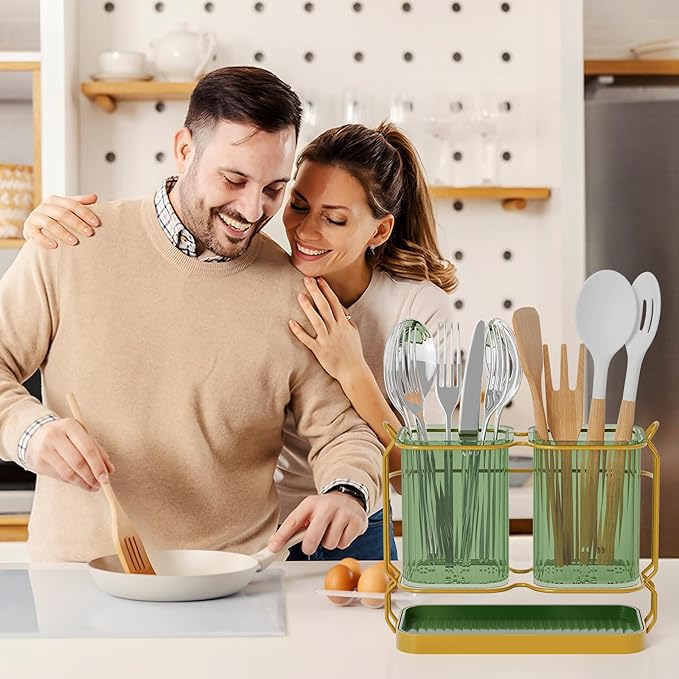 Kitchen Utensil Holder Wall Mount, 6.7" Silverware Holder for Kitchen Countertop, Toothbrush Holders Utensil Drying Holder with Drain Tray for Silverware,Spatula (Green)