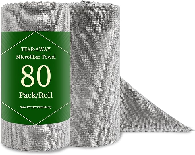 Jessy Home 80 Pack Reusable Paper Towels Grey Microfiber Cleaning Cloth Roll 12"x12" Microfiber Towels for Cars, Tear Away Cloth, Lint Free Rags for House, Kitchen,Window,Cleaning Supplies