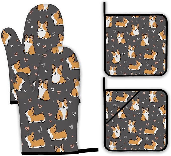 Cute Corgi Dog Oven Mitts and Pot Holders,Heat Resistant Oven Mitts Gloves and Pot Holder for Home Kitchen Decorations Cooking Baking BBQ Gifts,Set of 4