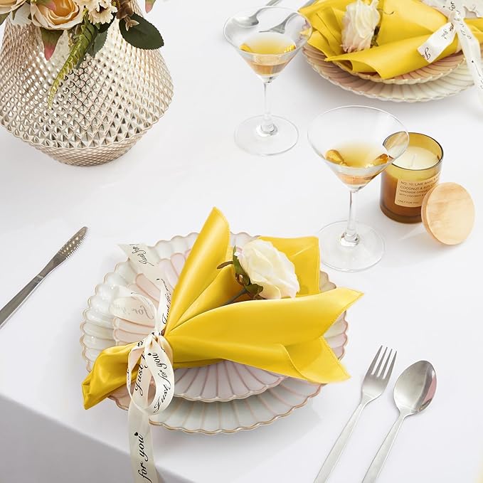 KKJIAF Gold Silky Satin Napkins (12 Pieces, 17x17 Inches),Washable Polyester Square Table Napkins for Wedding Dinner Party Decoration