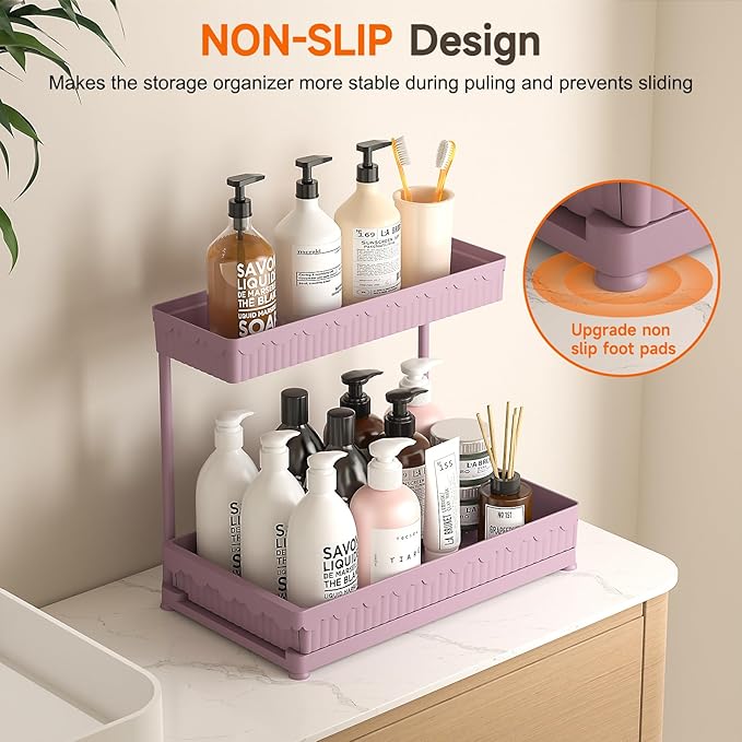 Sevenblue 3 Pack Multi-Purpose Under Sink Organizers and Storage, 2026 L-Shaped Pull Out Cabinet Organizer for Bathroom & Kitchen, Under Cabinet Organizer with Hooks Hanging Cup (Pink, 12.85 inch)