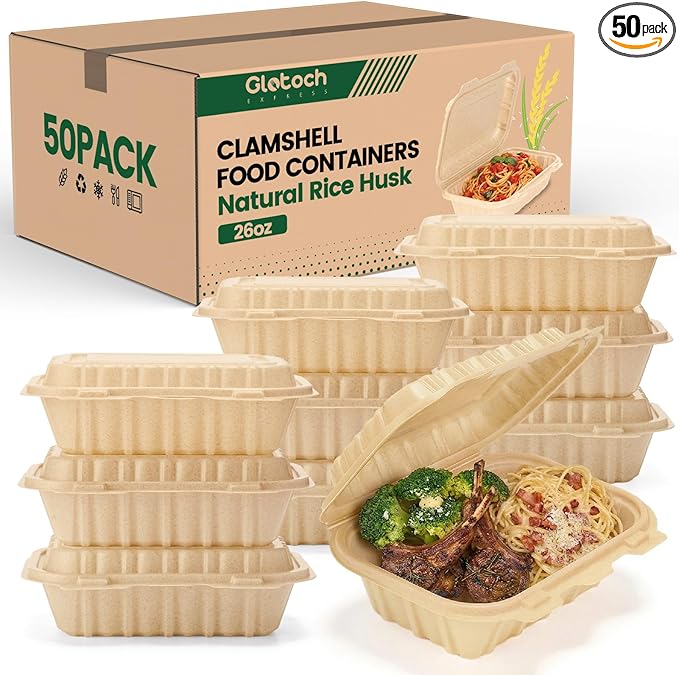Clamshell Food Containers with Lids, 50 Pack-26oz Take Out Boxes Disposable Meal Prep Containers Natural Rice Husk Material Durable To Go Containers for Pasta Salad Sandwich Microwave Freezer Safe