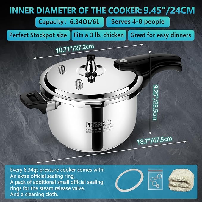6QT Stainless Steel Pressure Cooker, Heavy Duty Food Grade 304 Pressure Canner with Safety Valve & Heat-Resistant Handle, Compatible with All Stovetops for Home Cooking & Canning