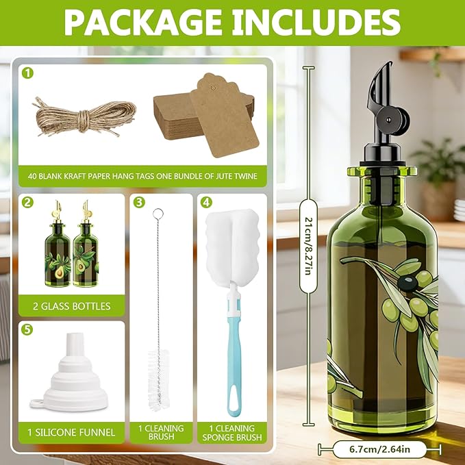 COOLMI Olive Oil Dispenser Bottle Set of 2-12oz Glass Oil & Vinegar Cruet for Kitchen - Leakproof Stainless Steel Pourers, Funnel & Labels - Extra Thick Decanter Container