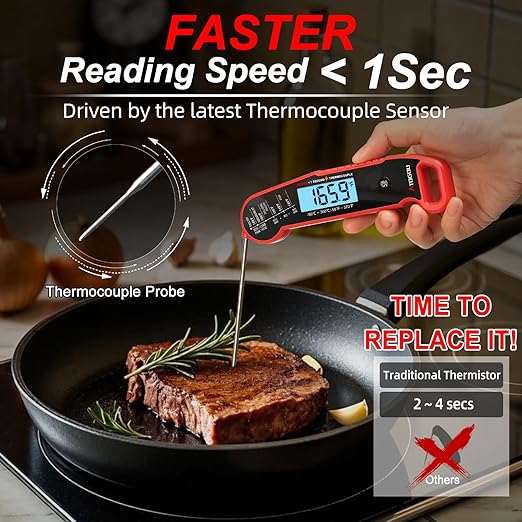 Atogou Meat Thermometer, Professional Food Thermometer, <1 Sec Instant Read, ±0.5℉ Accuracy, Thermocouple Sensor, Waterproof Digital Thermometer for Cooking, BBQ, Grill, Him Dad Birthday Gifts, Red