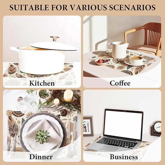 Cotton Linen Waterproof Placemats Set of 4, Boho Style Dining Mat Bohemian Table Mats Decor Fabric for Kitchen Dinner Coffee Shop Table, Indoor/Outdoor Washable Wipeable Placemat -N020