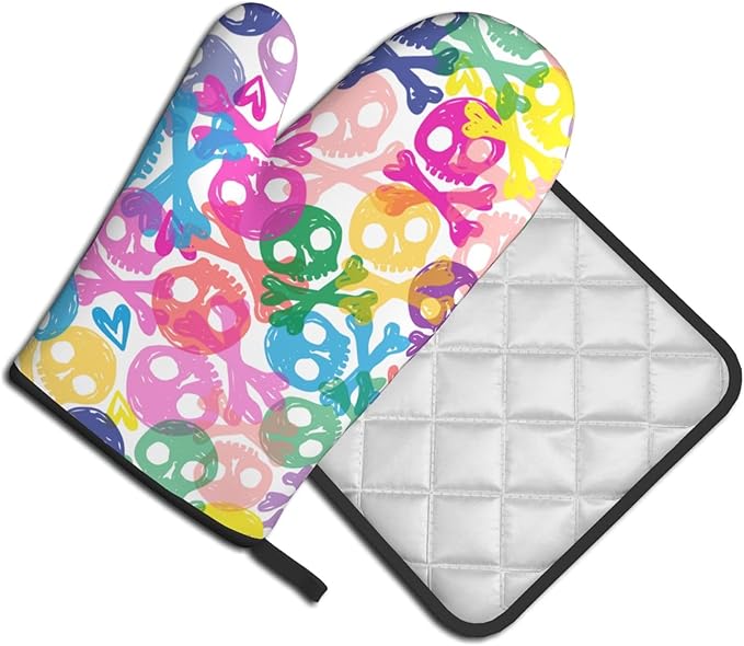 Colorful Skulls Oven Mitts and Pot Holders Heat Resistant Oven Mitts Safe for Baking Cooking BBQ