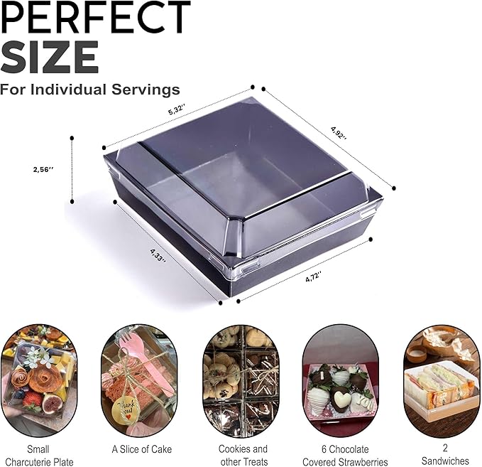 Leafiew 50 Pack Small Charcuterie Boxes with Clear Lids - To Go Paper Mini Charcuterie Box, Disposable Food Containers, 5Inch Dessert Boxes - Sandwich, Cookie, Sushi, Cake Slice, Strawberries (Black)