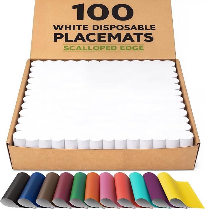 100 White Scalloped Paper Placemats – 10" x 14", 80 GSM, Disposable Table Mats in Dispenser Box