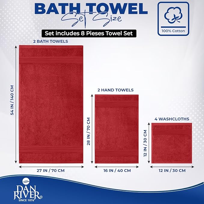DAN RIVER 8 PC Decorative Luxury Bath Towels for Bathroom, 2 Bath, 2 Hand, and 4 Wash Cloths, 600 GSM 100% Ring Spun Cotton Towel Set, Highly Absorbent, Gym, Hotel, and Spa, Red & Green Combo