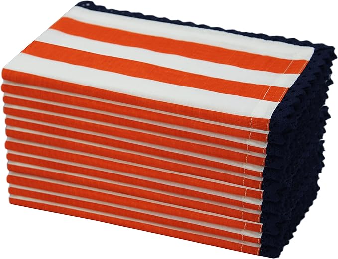 COTTON CRAFT Cloth Napkin - Set of 12 Pure Cotton Slub Harvest Orange Lace Trim Dinner Napkins - Fall Thanksgiving Xmas Holiday Table Celebration Festive Party Thick Washable Reusable Napkin -18x18