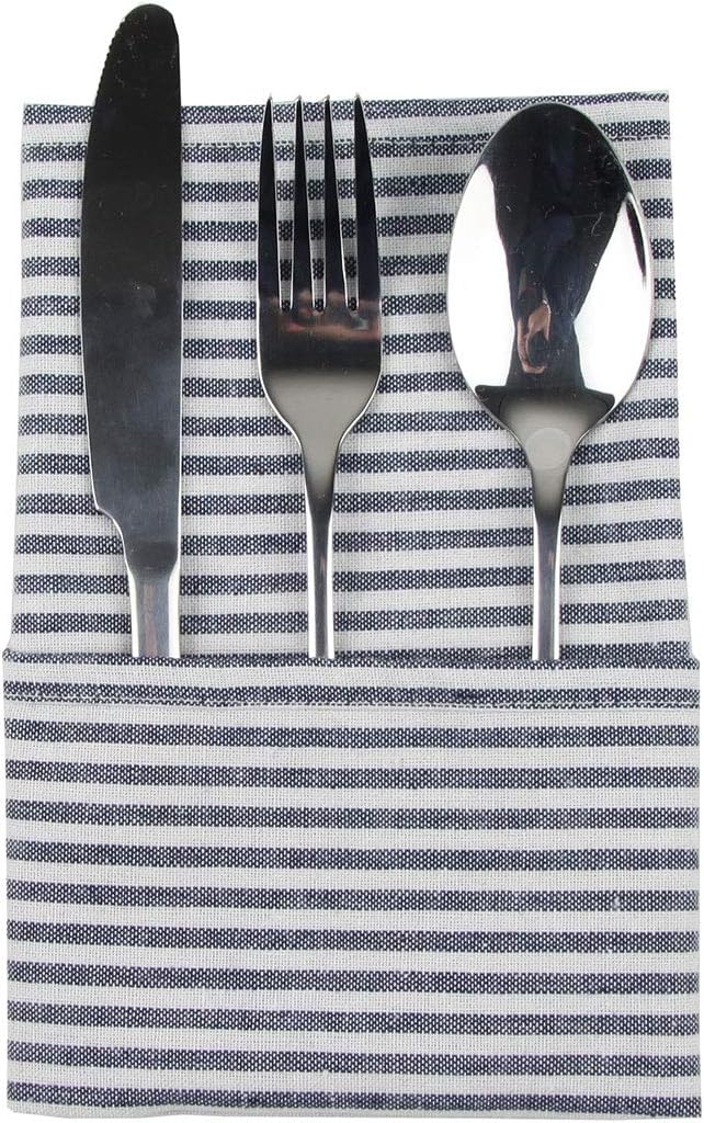 Plain Striped Cotton Linen Blended Dinner Cloth Napkins - Set of 12 (40 x 30 cm) - for Events & Home Use (Navy)