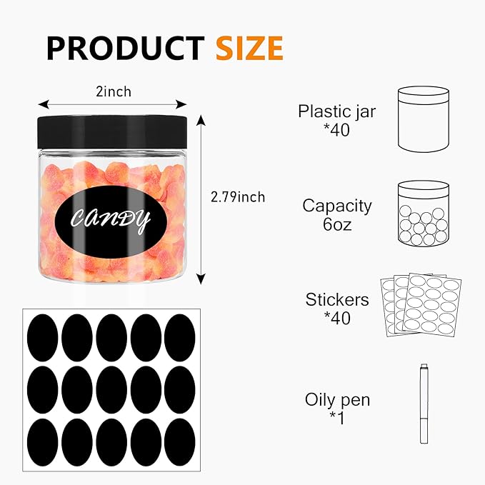 SLifeJars 6OZ Plastic Jars with Black Lids 40Pcs Empty Plastic Pot Jars Round Refillable Clear Slime Containers Jar Airtight Storage Jar for Travel Storage Home Kitchen Food Slime Making