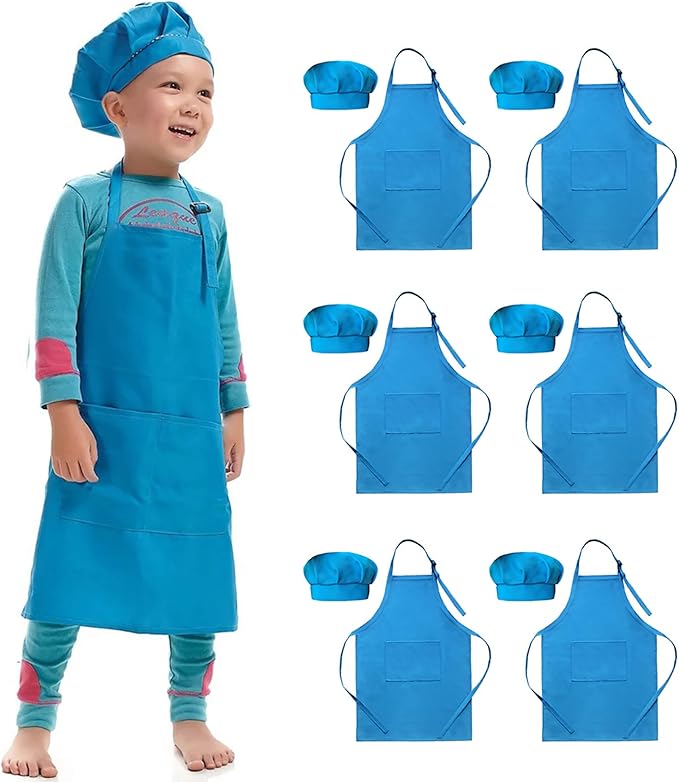 6 Pack Adjustable Kids Apron and Chef Hat for Cooking Baking Painting Art, Kids Apron for Girl Boy with 2 Pockets