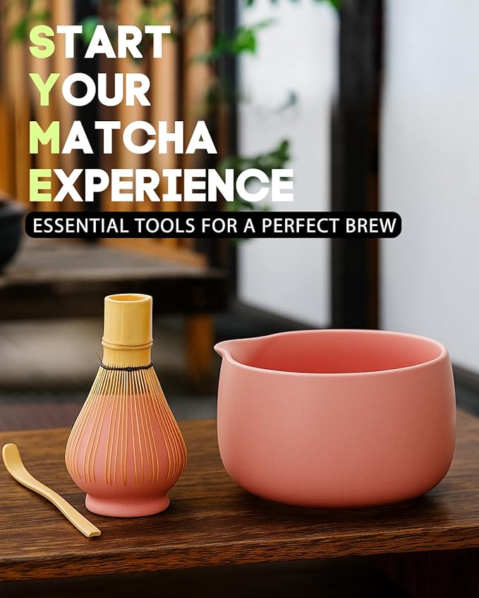20OZ Matcha Whisk Set - 5PCS Matcha Set Includes Macha Bowl with Spout, Bamboo Whisk with Ceramic Holder, Bamboo Scoop and Sifter, Matcha Kit for Ceremony, Gift for Matcha Lovers (Blush Pink)