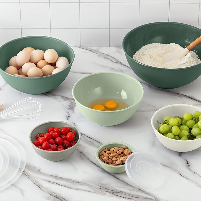 COOK WITH COLOR Mixing Bowls with Lids - 12 Piece Plastic Nesting Bowls Set includes 6 Prep Bowls and 6 Lids, Microwave Safe Mixing Bowl Set, Sage