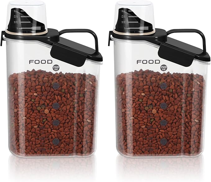 LEAWALK Airtight Small Cat Dog Pet Food Storage Containers BPA Free, with Large Pour Spout/1 Measuring Cup/ 4 Safety Locks and Double-layer Silicone Strip (Black X 2, 3L-2pack)