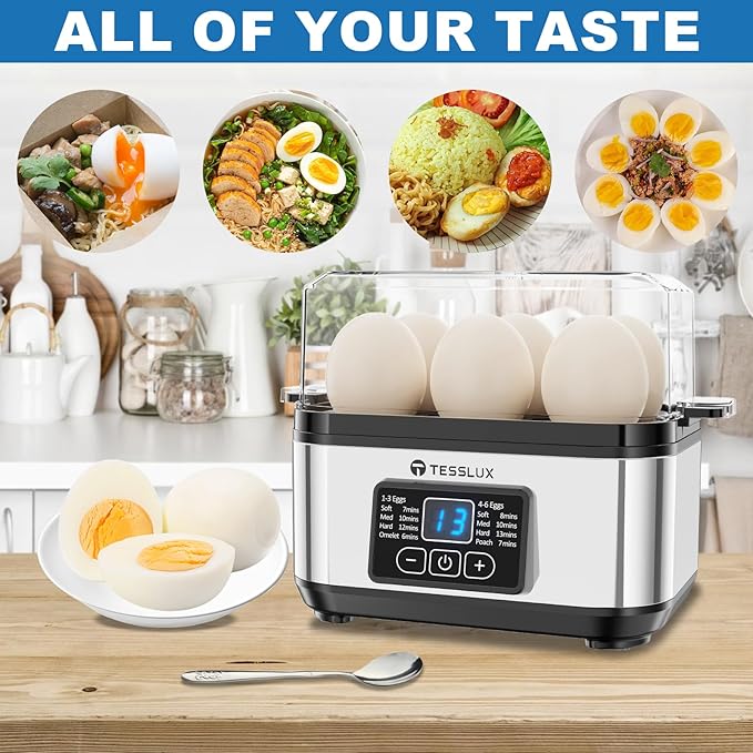 Tesslux Electric Rapid Egg Cooker, 6 Egg Capacity for Hard Boiled Eggs, Poached Eggs, Scrambled Eggs, or Omelets Maker with Auto Shut Off (Sliver)