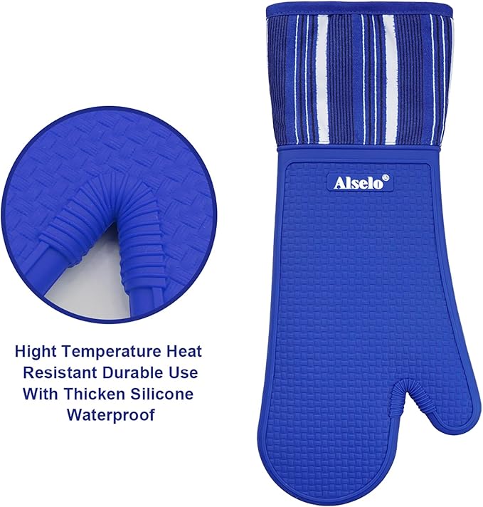 Alselo Oven Mitts Heat Resistant Silicone Kitchen Gloves for 550 Degrees with Waterproof and Non-Silp, Oven Gloves for Baking Cooking Barbecue Microwave Machine Washable (Extra Long Navy, 2)