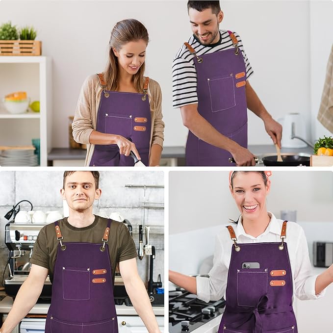 OUNLEN Chef Apron for Men Women Canvas Aprons with 3 Pockets Cross Back Resistant Work Apron for Cooking
