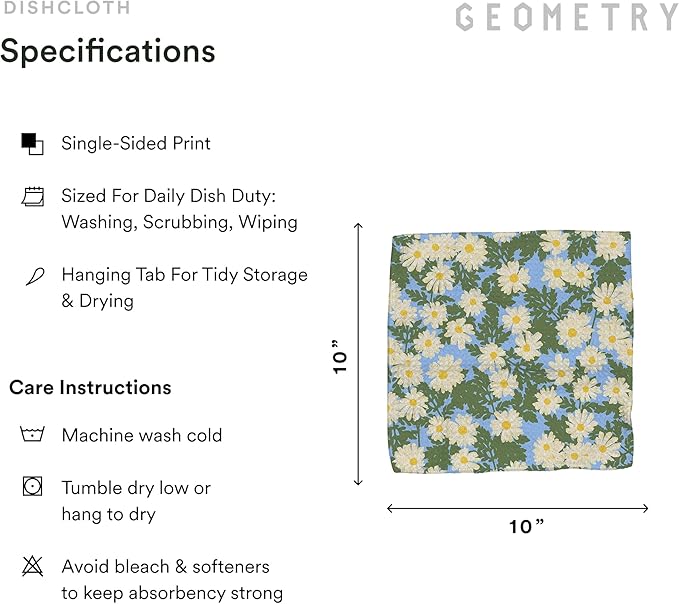GEOMETRY Kitchen Dish Cloths - Spring & Summer Collection - Premium Dishcloths with Geoweave - Absorbent & Fast Drying Kitchen Towels - Daisy Sky, 10" x 10" - 3-Pack