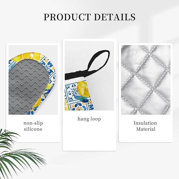 Lemon Silicone Oven Mitts and Pot Holders 3Pcs, Yellow Kitchen Decor Silicone Oven Mitts for Lemon Lover, Lemons Kitchen Decor Heat Resistant Non-Slip Oven Gloves for Mom Wife Sister BFF