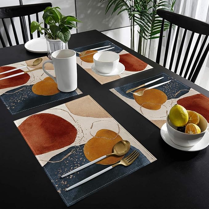 Ansouyi Placemats Set of 6, Terracotta Navy Orange and Gold Abstract Washable Heat Resistant Linen Table Mats, Kitchen Decor Non-Slip Place Mats for Party Dining, 12x18 Inch