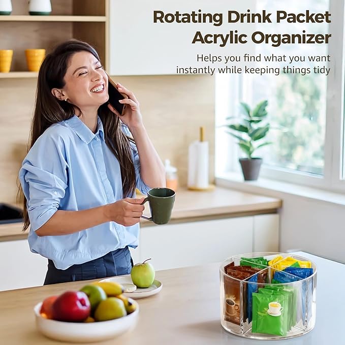 3 PCS Rotating Drink Packet Organizer, 360° Round Turntable with 4 Compartments, Clear Lazy Susan Organizer for Flavor Packets, Coffee Pods, Drink Mixes, Tea Bags, Kitchen Countertop Storage