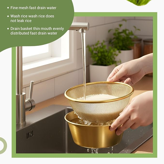 Baderke 2 Pcs Mini Colander & Food Strainer 304 Stainless Steel Small Mixing Colanders Bowl Rice Strainer for Kitchen Cooking Fruit Washing Vegetable (6.3 x 2.76 Inches,Gold)