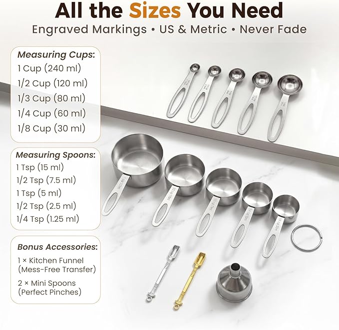 13PCS Stainless Steel Measuring Cups and Spoons Set with Funnel, Stackable Metal Measuring Cup and Spoon Set for Baking Cooking, Dishwasher Safe Kitchen Tools with for Dry & Liquid Ingredients