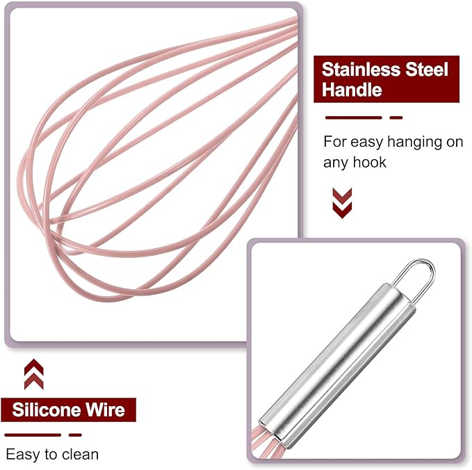HARFINGTON 5Pcs Silicone Whisk 10" Kitchen Whisk Wire Whisks Beater with Stainless Steel Handle for Egg Milk Whisking Blending Beating & Stirring, Pink