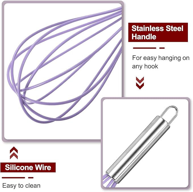 HARFINGTON 5Pcs Silicone Whisk 8" Kitchen Whisk Wire Whisks Beater with Stainless Steel Handle for Egg Milk Whisking Blending Beating & Stirring, Purple