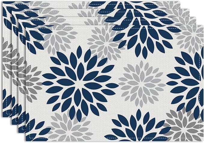 Navy Blue & Gray Floral 100% Polyester Placemats Set of 4, Flowers Table Mats, Washable Non-Slip Heat Resistant Table Mats for Party Kitchen Dining Table Decor, Housewarming Gifts for Women Mom Friend