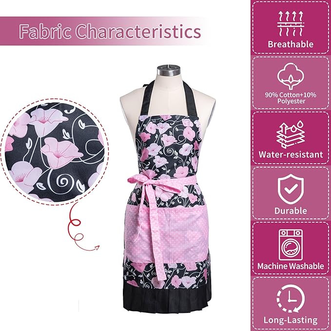 Lovely Flower Pattern Retro Aprons With Large Pockets for Women Girls Cooking Kitchen Bakery Mother's Gift