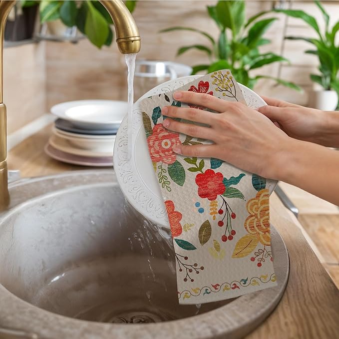 Vintage Boho Floral Kitchen Towels, Retro Colorful Flower Dish Tea Towels Drying Cloth for Kitchen, Boho Wildflower Green and Beige Decorative Hand Towels for Bathroom, 16x24 Inch Set of 2