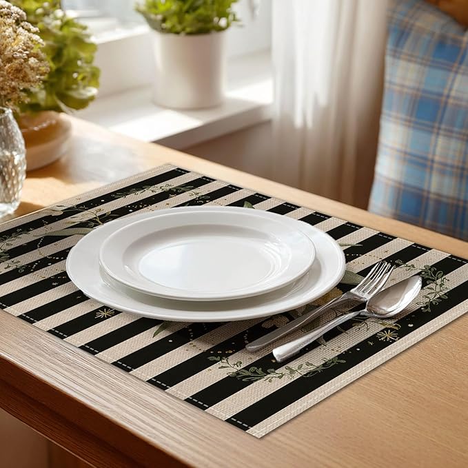 HOMETITUTE Floral Placemats Set of 4 Linen 12x18 Inch Washable Table Mats Black and White Stripes with Daffodil Flowers Decorative Table Placemats Set of 4 Farmhouse Kitchen Dining Everyday Decor