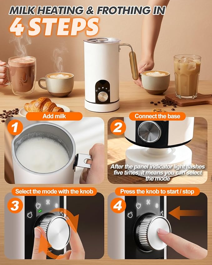 5-in-1 Electric Milk Frother and Steamer, Automatic Milk Foamer Hot Chocolate Maker with Wood Grain Handle, 11.8oz Milk Warmer and Heater for Latte, Cappuccino, Hot Cocoa Maker, Frother for Coffee