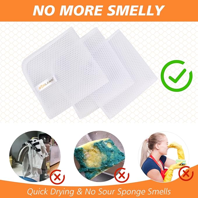 SUNLAND Netted Dish Cloths for Washing Dishes No Odor Dishes Scrubber for Kitchen-Fast Drying and Easy to Clean Mesh Dish Cloth 3 Pack 12Inch x12Inch White