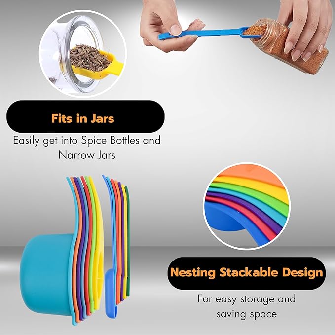 15 Pieces Colorful Plastic Measuring Cups and Spoons Set for Accurate Dry & Liquid Ingredients Measurements, Ideal Kitchen Set for Baking & Cooking – Premium, Durable, Easy-to-Use Set