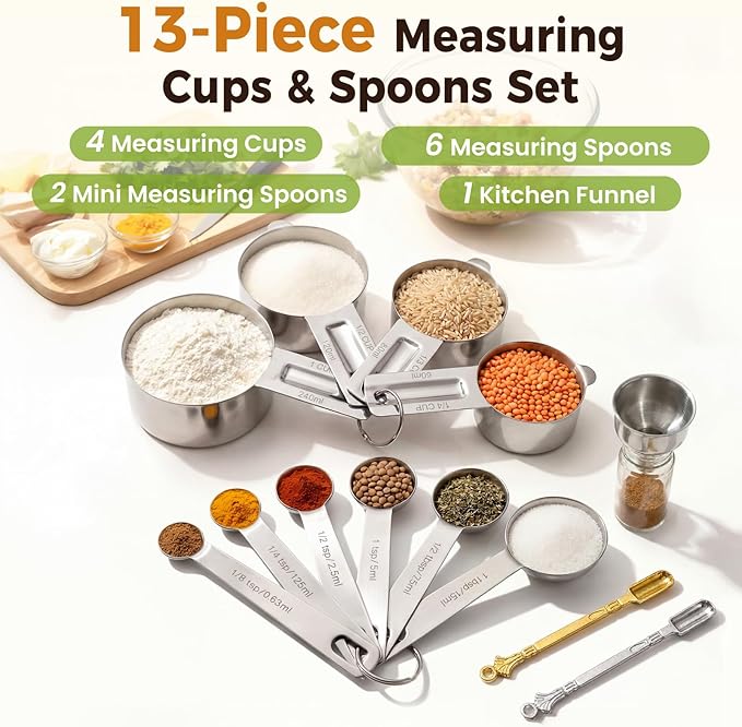 13PCS Measuring Cups and Spoons Set, Premium Heavy Duty Steel Measuring Spoons Cups Set with Metric and US Measurements, Set for Measuring Dry and Liquid Ingredients
