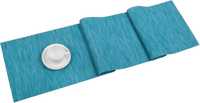 SHACOS Woven Vinyl Table Runner Indoor Outdoor 12x54 inch Kitchen Dining Table Runners Wipe Clean Washable PVC Table Runner, Teal Blue