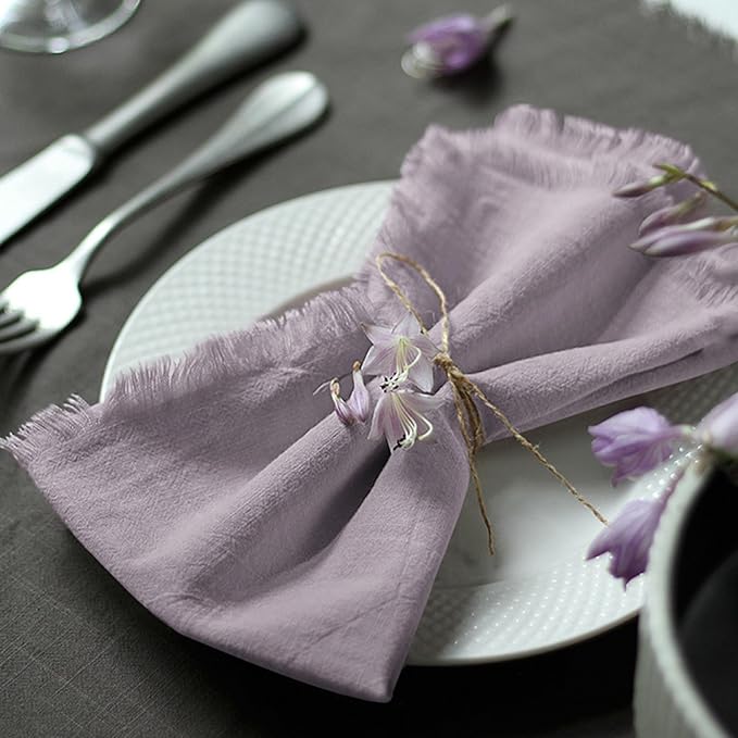 Handmade Cloth Napkins 100% Cotton with Fringe，Delicate Napkins for Dinners, Parties, Weddings and More，18 x 18 Inch Set of 4 - Lavender
