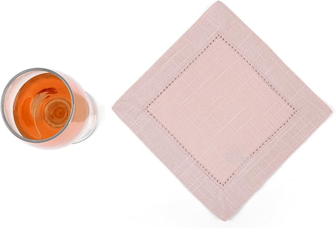 FINGERCRAFT Cocktail Napkins 6 x 6 Inch Premium Quality Cotton, Generous Hemstitch and Mitered Corner Set of 12 Coaster Cloth Pink