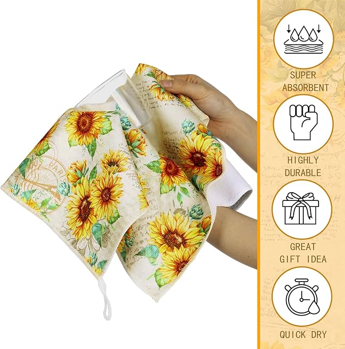 Bencailor 6 Pcs Sunflower Kitchen Towels Decorative Sets Dish Towels Absorbent Fast Drying Hand Tea Vintage Hanging Reusable Cleaning Dishcloths for Cooking Farmhouse Bathroom Accessory