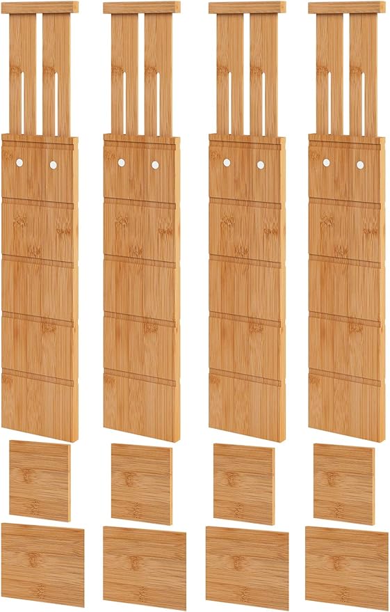 4.4" High Bamboo Drawer Dividers with Inserts, Kitchen Adjustable Drawer Organizers, Expandable Organization for Home, Office, Dressers, and Bathroom, 4 Divider with 8 Insert
